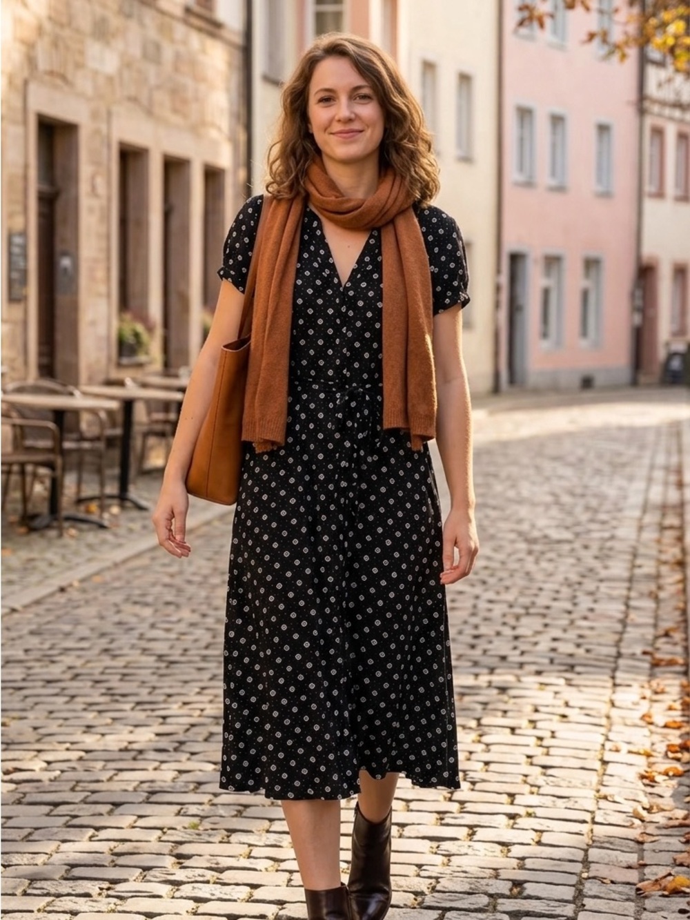 Black with Geometric Print Midi Dress with Pockets and Tie Waist